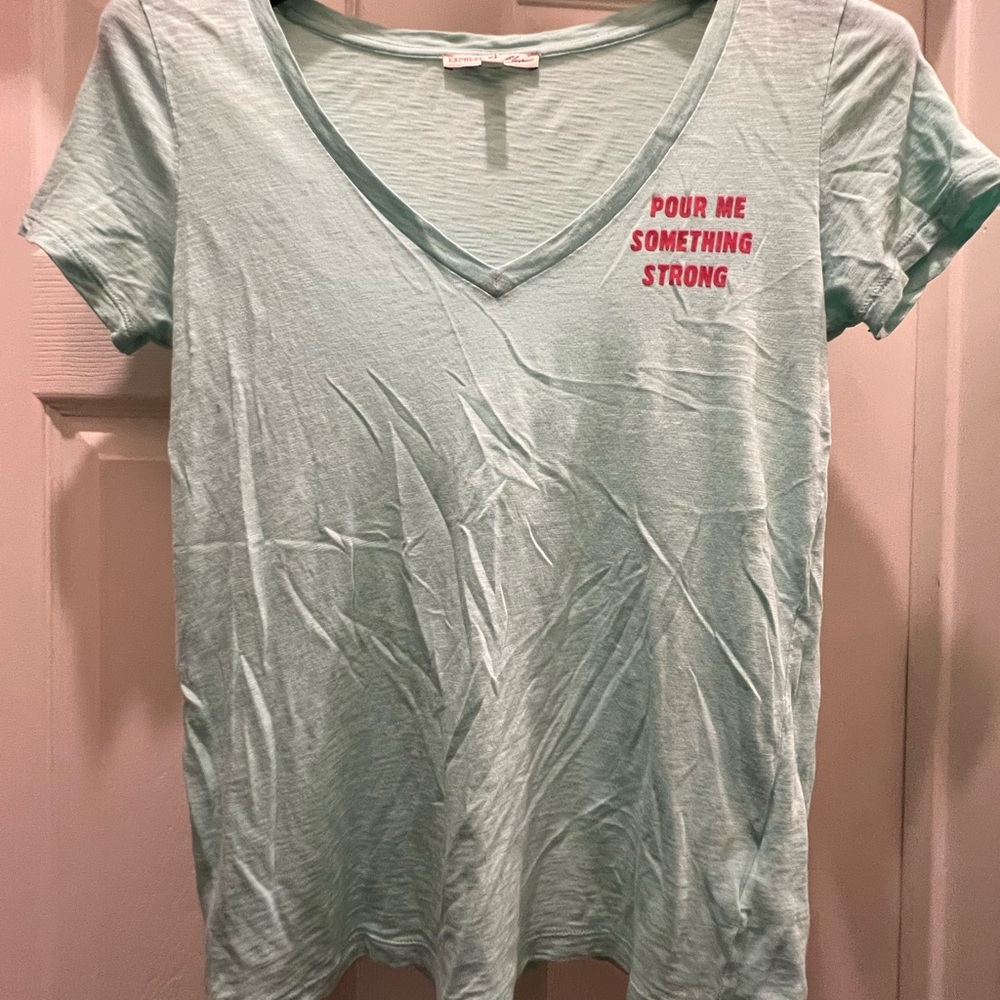 Express Light Blue V-Neck Tee with Dark Pink Graphic